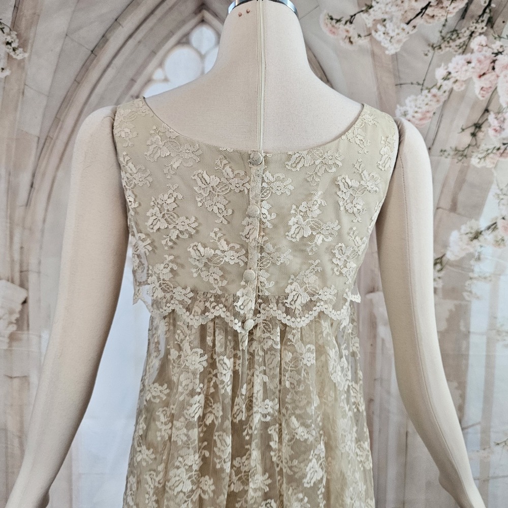 Vintage 1960's Dress Shift Beige Lace Overlay Empire Waist Mod Formal - Picture 12 of 14